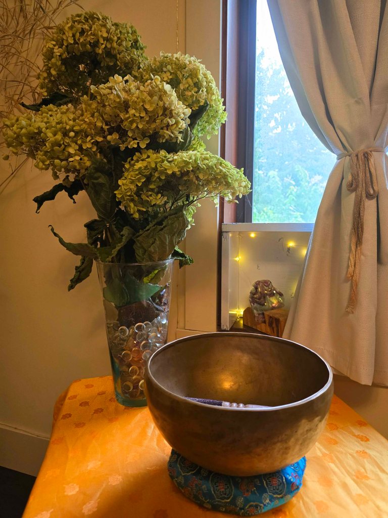 Dried hydrangeas and a Tibetan singing bowl. Sharing sacredness and self care for your September horoscopes.